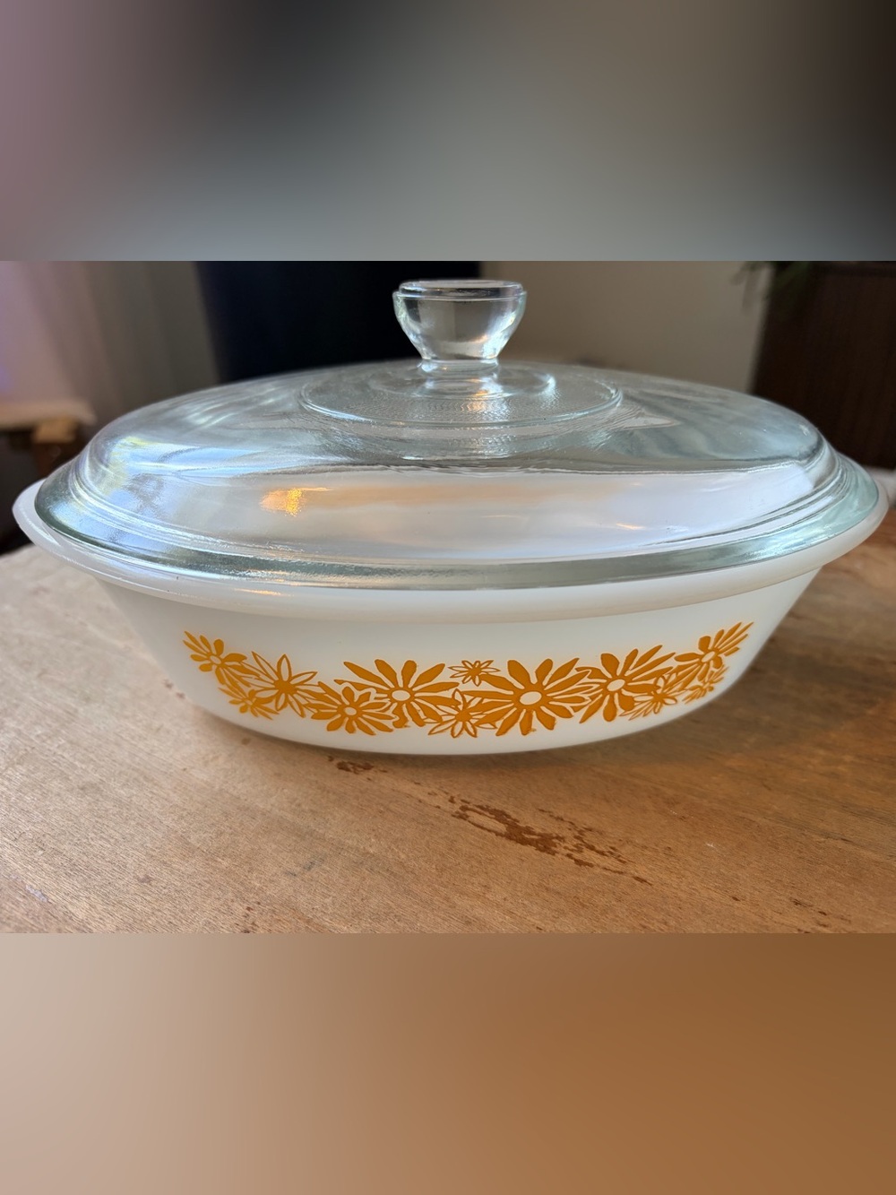 Vintage Glasbake Milk Glass Casserole Orange Daisy Floral Glass Lid